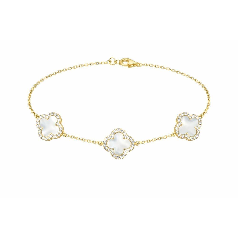 18K Gold Mother of Pearl Clover Bracelet with Moissanite Halo Adjustable Luxury